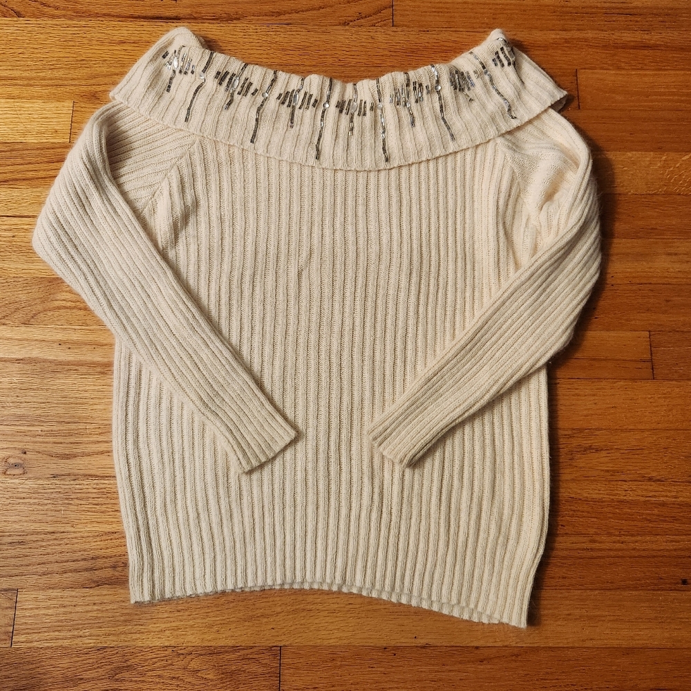 Vinyag I.B. Diffusion Silk/Wool Blend Beaded off Shoulder Knit Sweater Size M